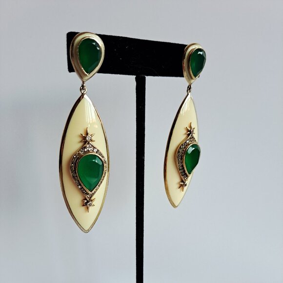 New Angelique de Paris Long White Green Natural Stone Gold Plated Earrings - Picture 3 of 15
